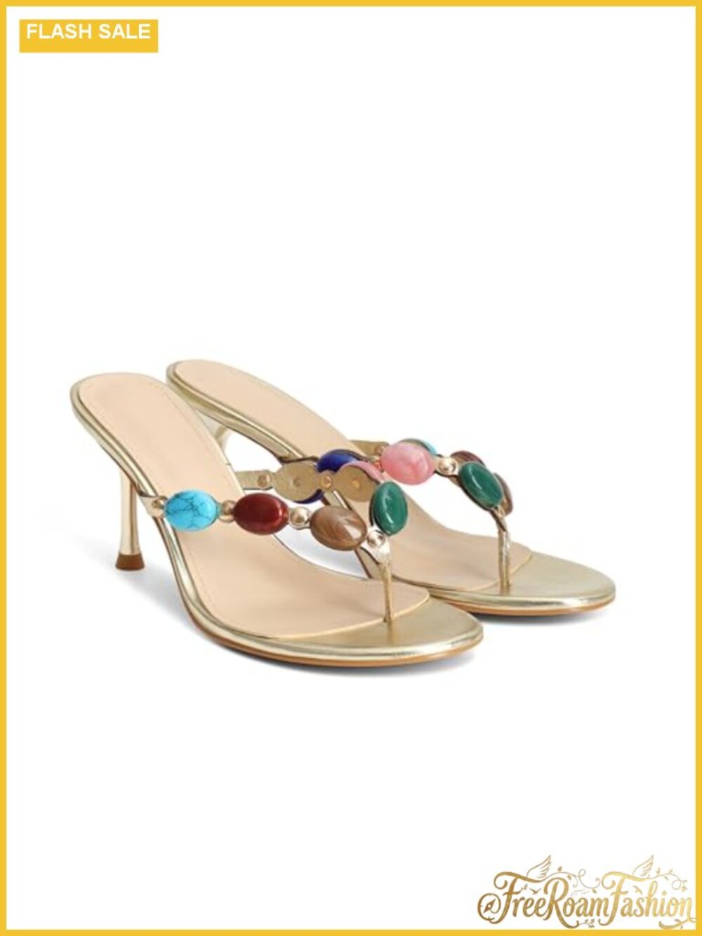 Jeweled Flip Flop Kitten Heels Open Toe Beaded Strappy Slip On Thong Heeled